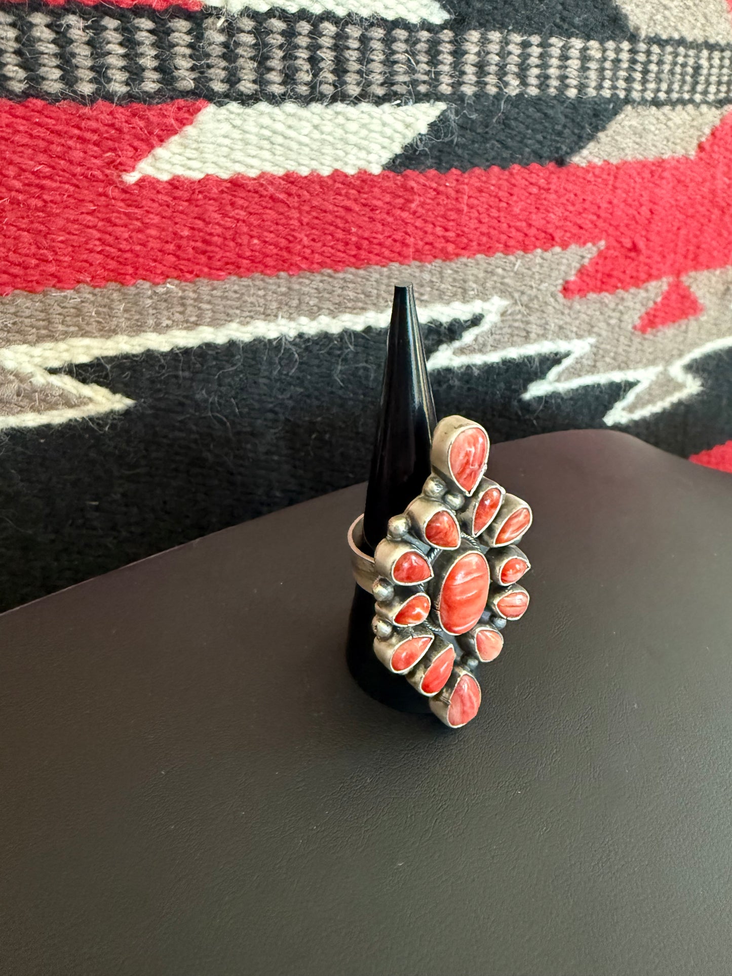 Sterling Silver Red Spiny Oyster Cluster Ring Adjustable