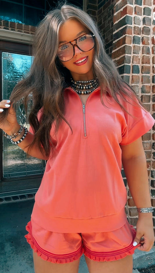 z   Chic Zip-Up Top and Ruffle Trim Short Set