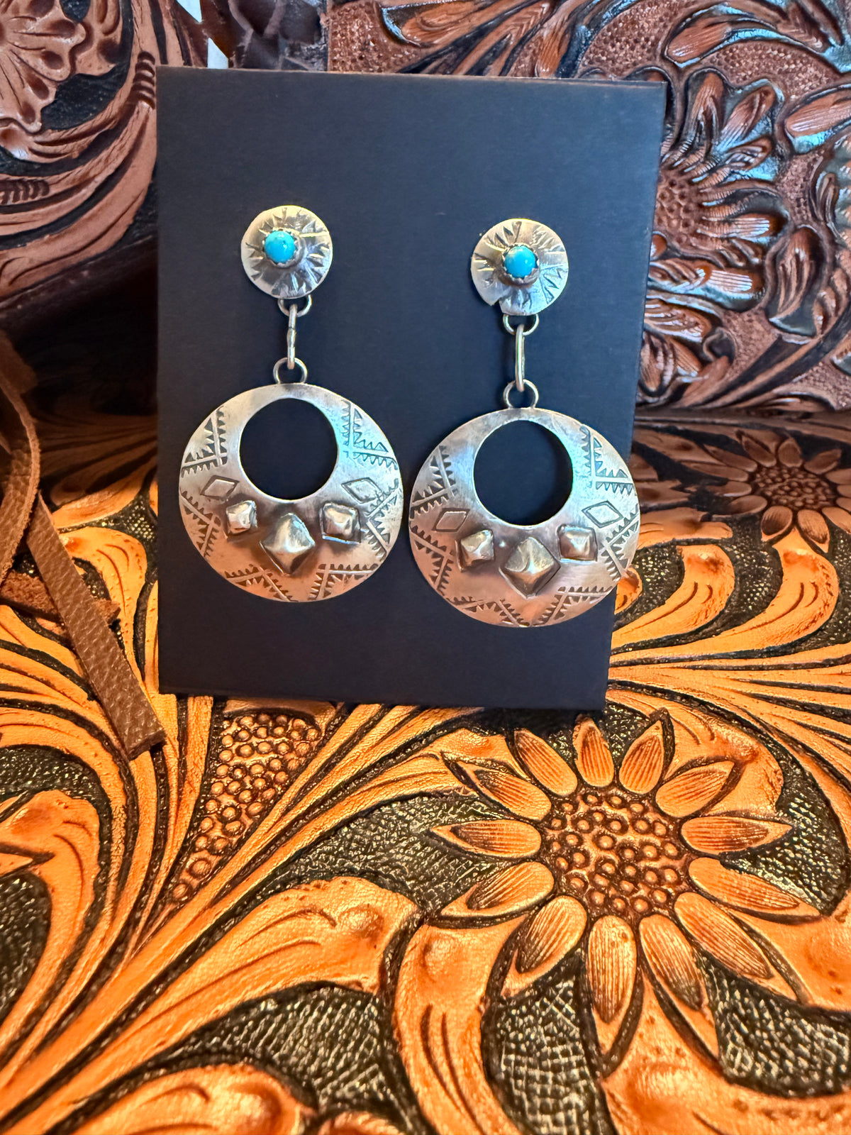 Handmade Sterling Silver Dangle Earrings with Turquoise Dot Stud   By Thomas Yazzie