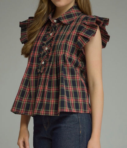 z   Navy Plaid Ruffle Sleeve Top