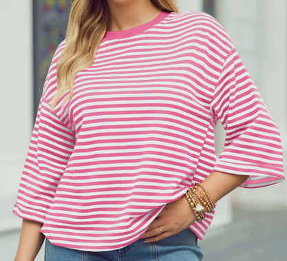 z   Striped Drop Shoulder Top with Bow Decor
