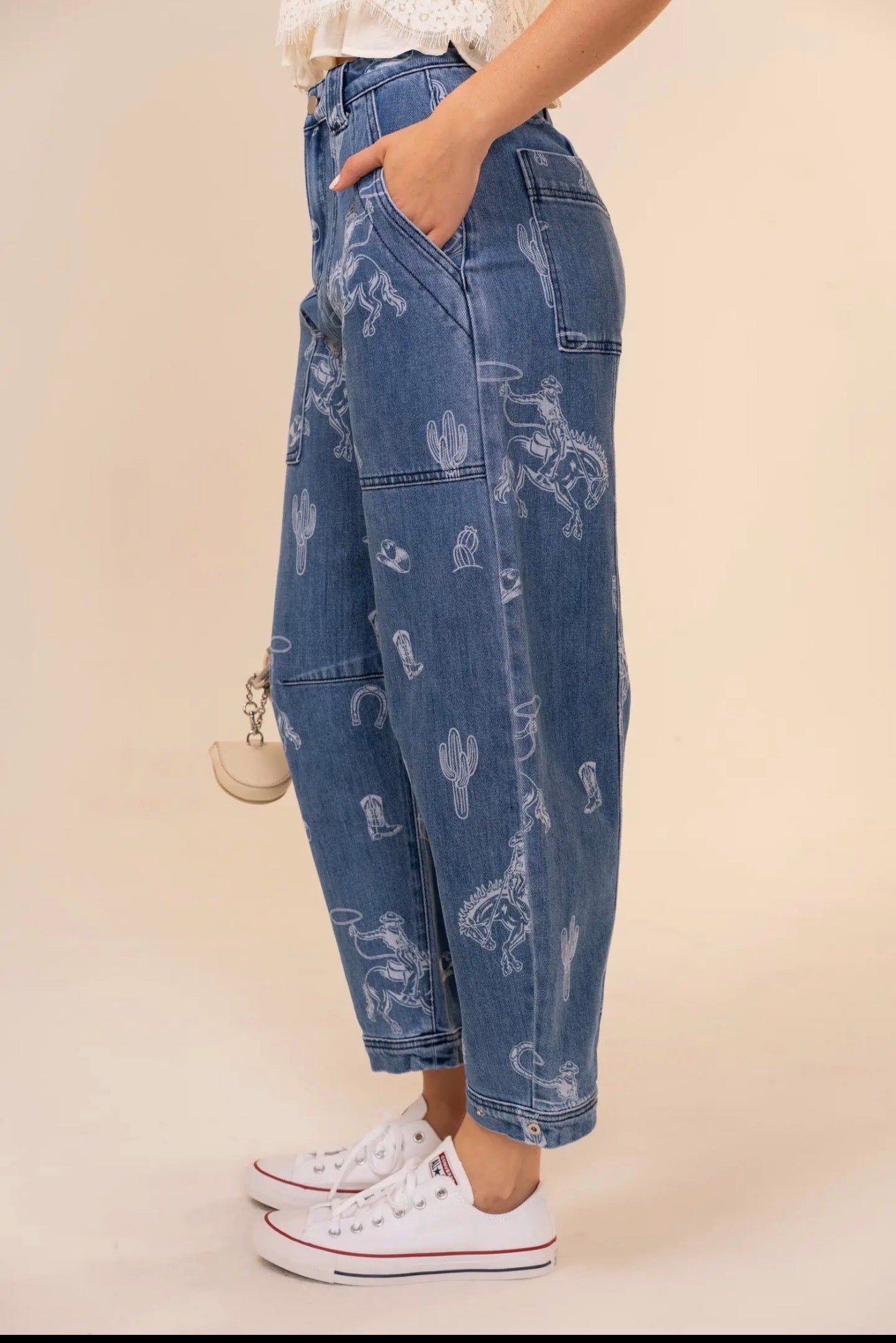z   Western Print Barrel Jeans