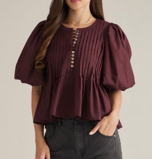 z   Puffed Sleeve Pintuck Detail Top