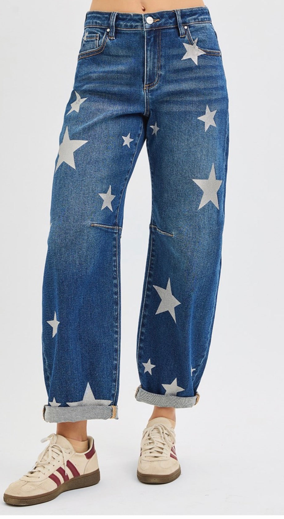 z   Risen Star Printed Denim Barrel Jeans