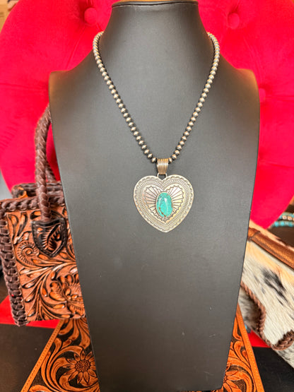 Sterling Silver Heart Pendant with Kingman Turquoise By June Delgarito