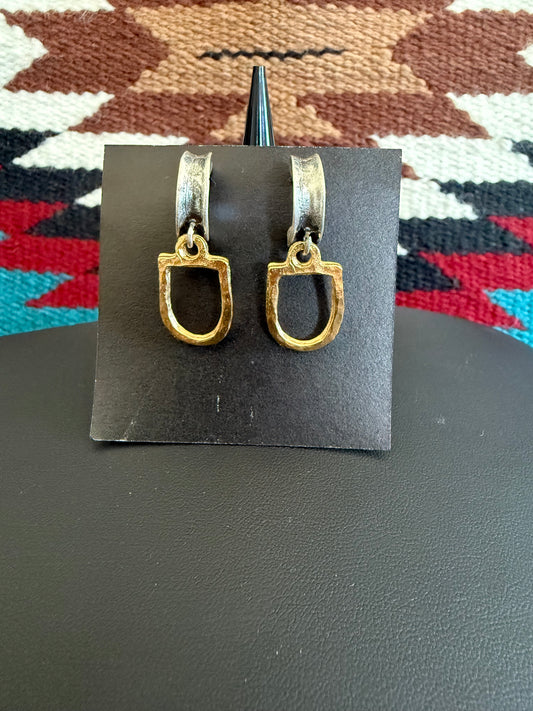 v2   Silver and Gold Stirrup Earrings with Hammered Detail