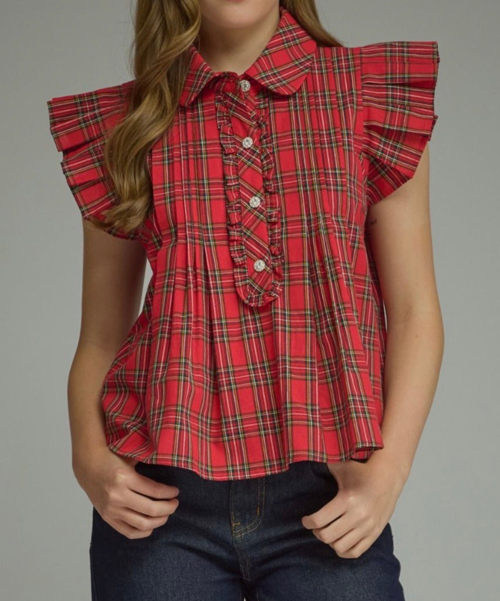 z   Red Plaid Ruffle Sleeve Top