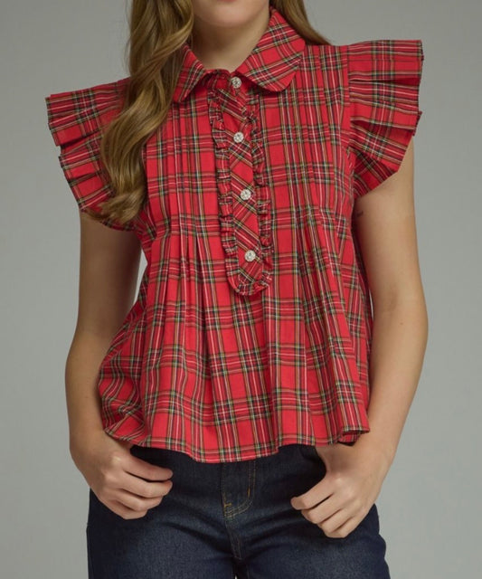 z   Red Plaid Ruffle Sleeve Top