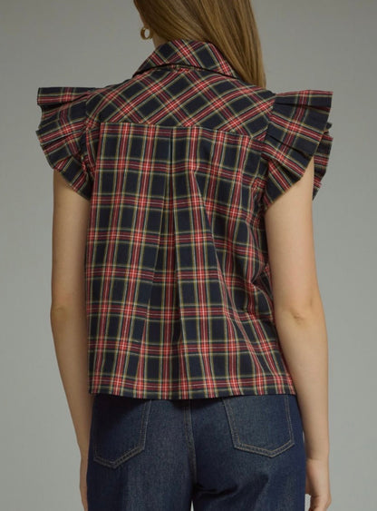 z   Navy Plaid Ruffle Sleeve Top