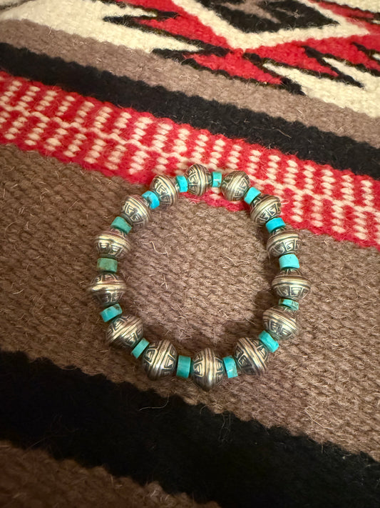LI  Sterling Silver Aztec Stretch Bracelet with Kingman Turquoise