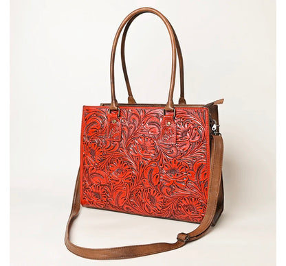 American Darling Red Hand-Tooled Genuine Leather Crossbody Tote Bag