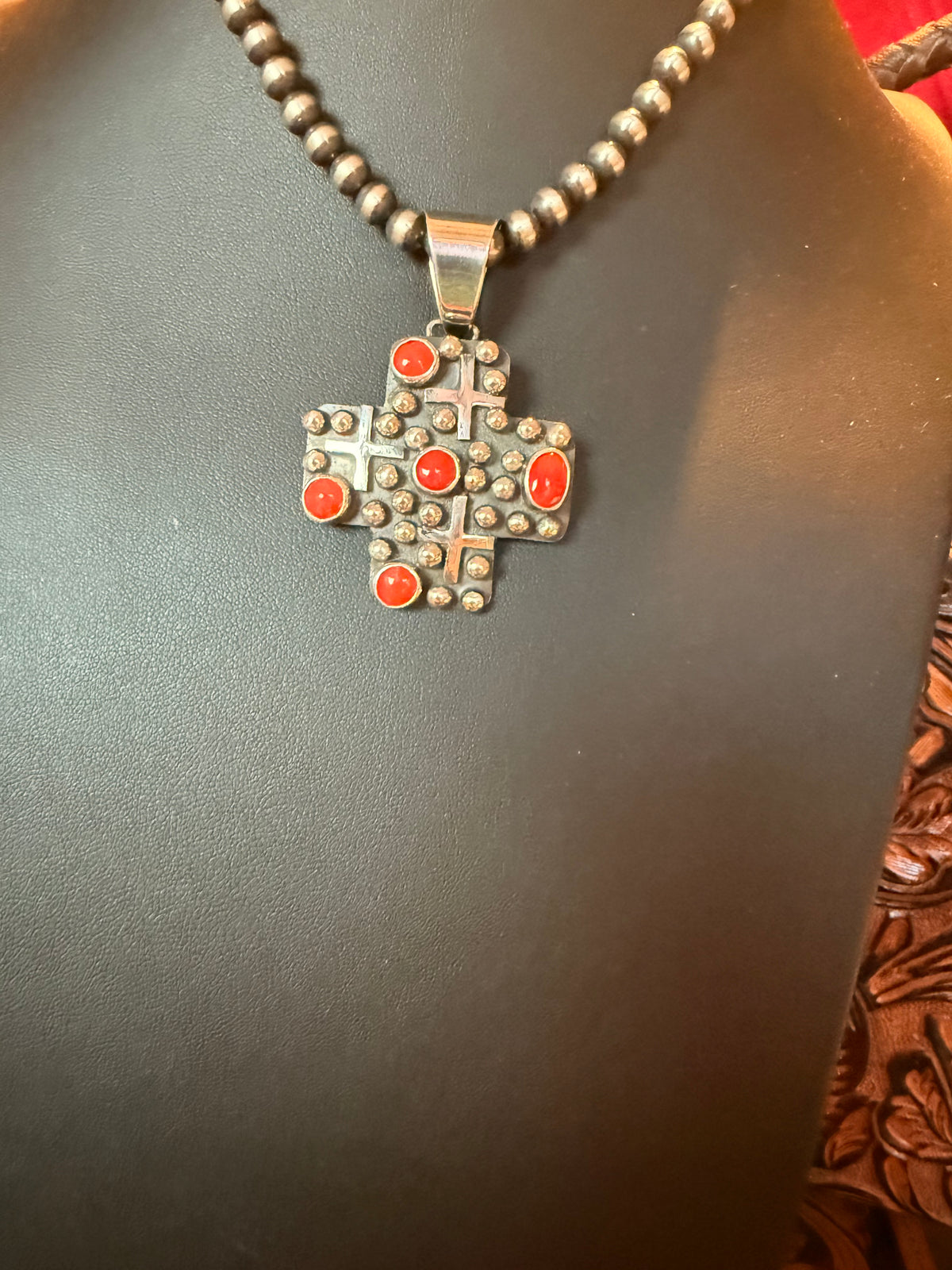 Handmade Sterling Silver Cross and Coral Pendant   By Geneva Apachito