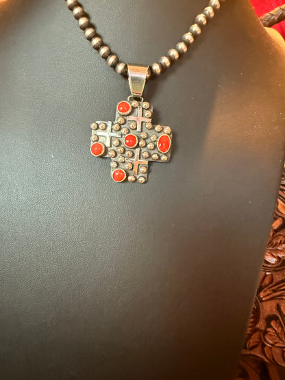 Handmade Sterling Silver Cross and Coral Pendant   By Geneva Apachito