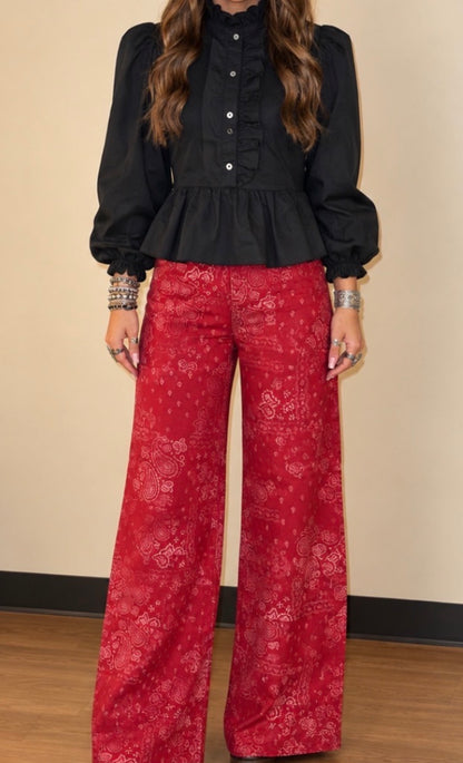 z   Red Bandana Frey Hem Wide Leg Jeans