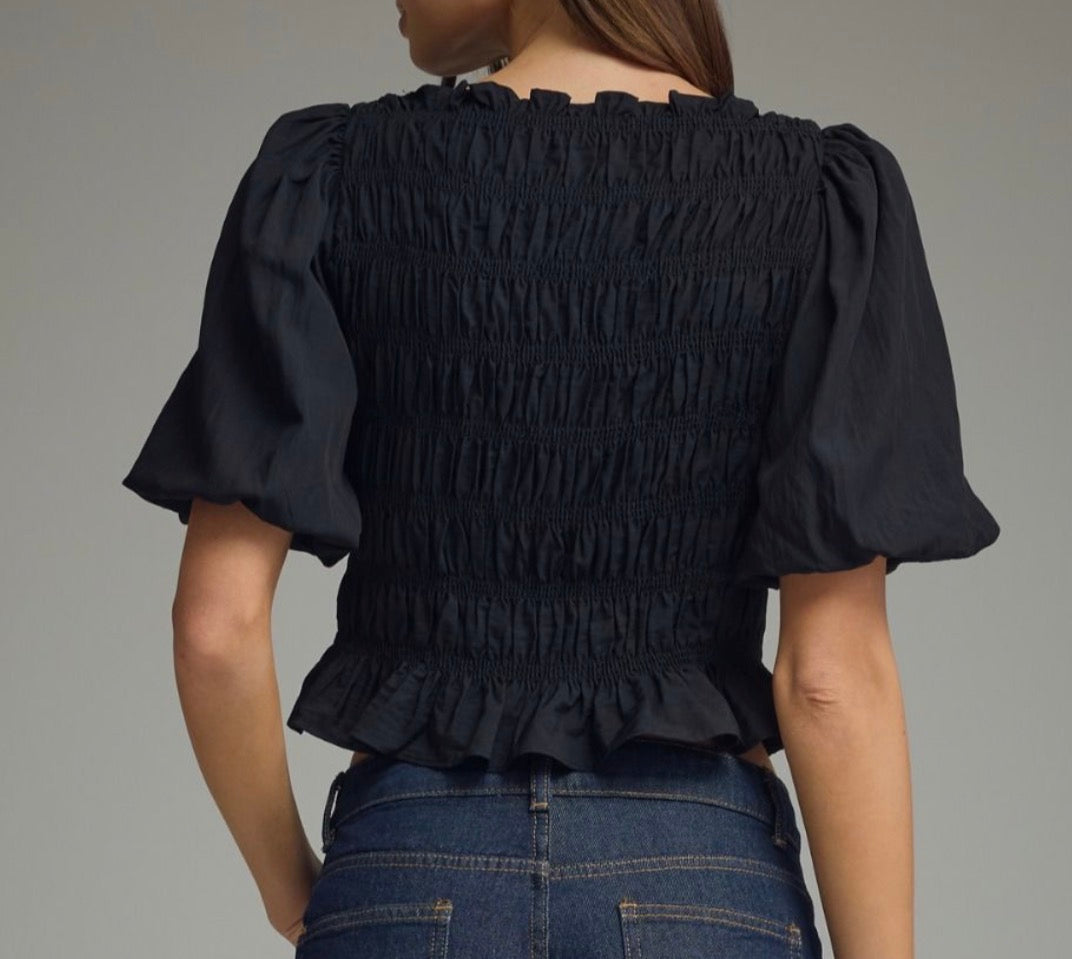 z   Black Smocked Bodice Puffed Sleeve Top