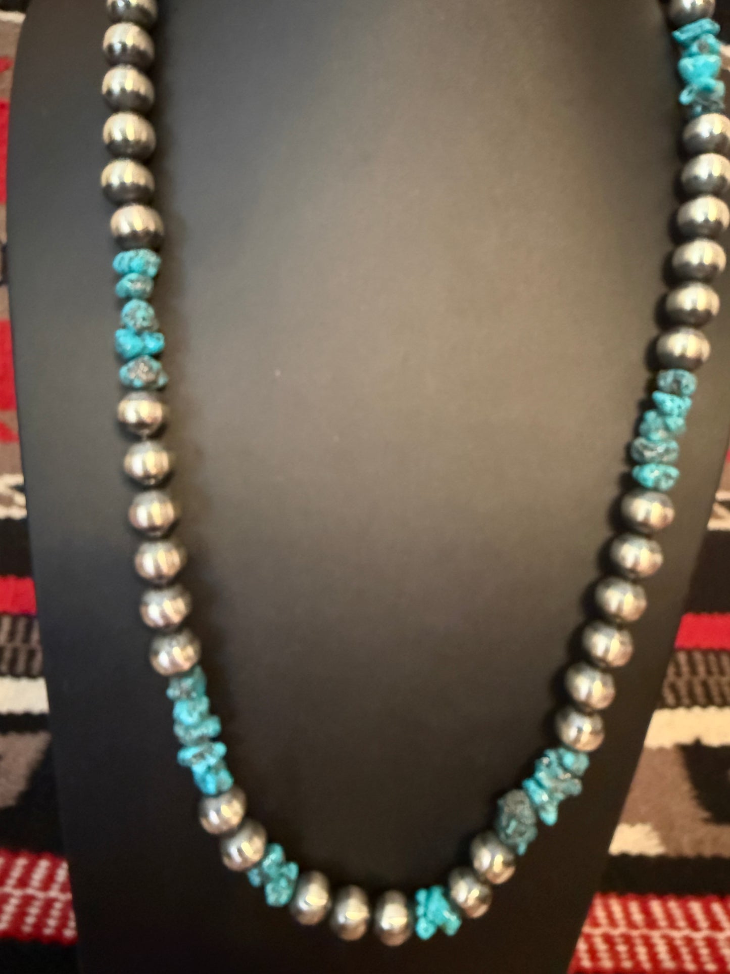 12mm Sterling Silver Navajo Pearls Necklace with Turquoise Nuggets  30" Long