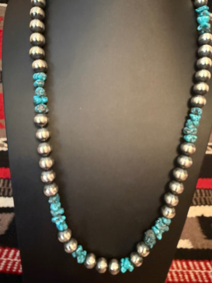 12mm Sterling Silver Navajo Pearls Necklace with Turquoise Nuggets  30" Long