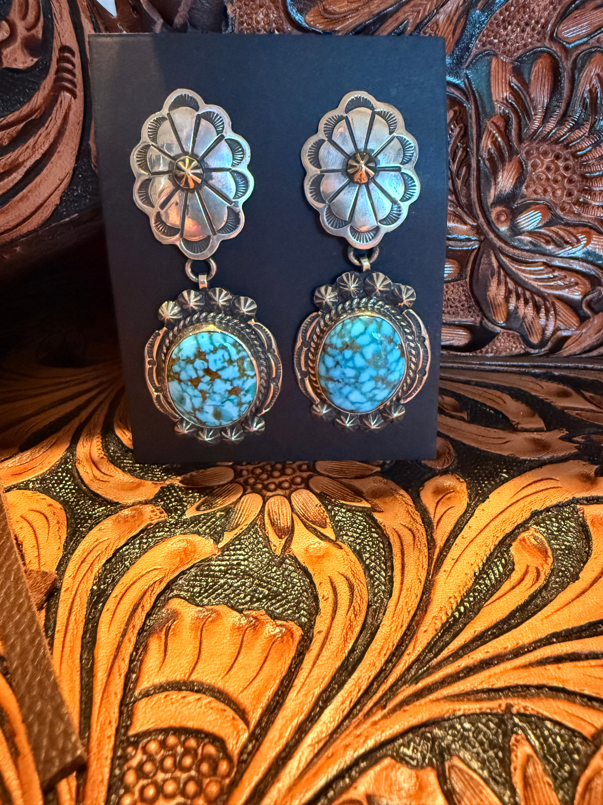 Handmade Sterling Silver and  Sonoran Turquoise Concho Dangle Earrings   By John Nelson