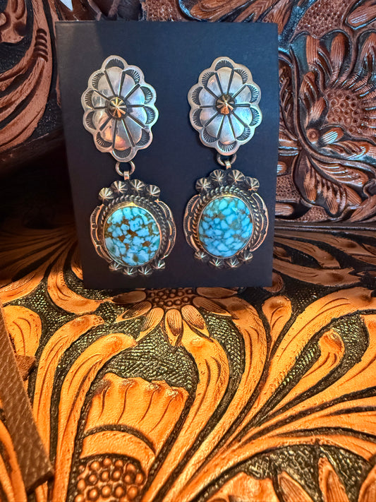Handmade Sterling Silver and  Sonoran Turquoise Concho Dangle Earrings   By John Nelson