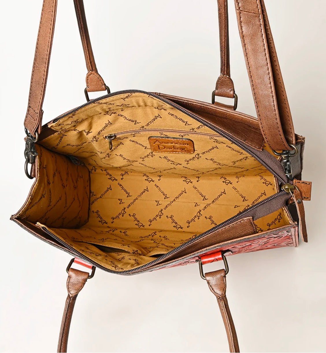 American Darling Red Hand-Tooled Genuine Leather Crossbody Tote Bag