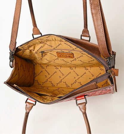 American Darling Red Hand-Tooled Genuine Leather Crossbody Tote Bag