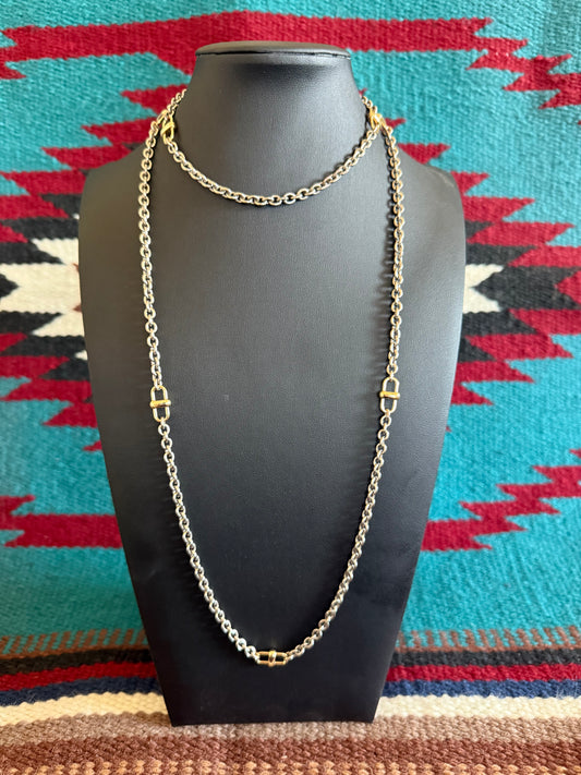 v2   V19  Silver and Gold Plated Long Link Chain Necklace with Detailed Links 38" Long