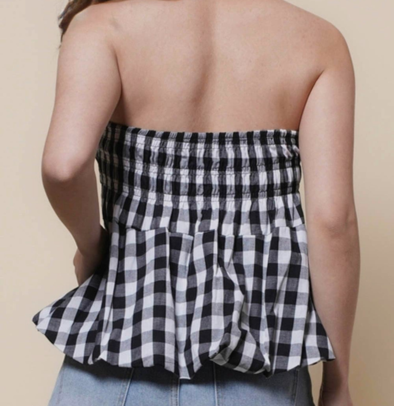 z   Strapless Color Block Plaid Tube Top