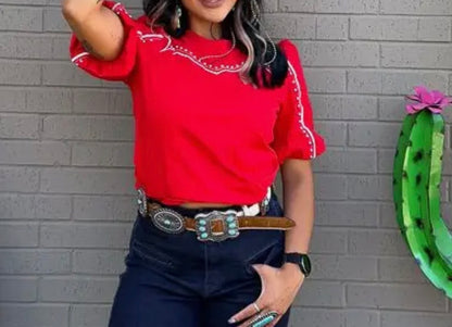 z   Western Yoke Studded Red Top