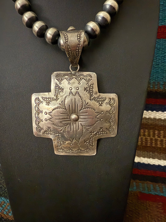 Sterling Silver Handmade Navajo Stamped Cross Pendant  By Vincent J Platero