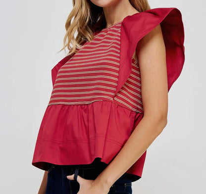 z   Mixed Media Ruffled Striped Knit Top