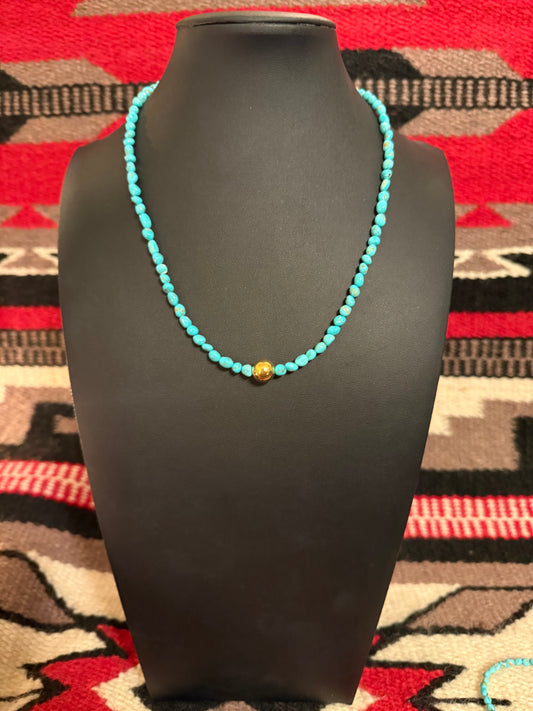 Smooth Turquoise Nuggets & 10mm Navajo Pearl 18k Gold Plated Necklace 18" Long