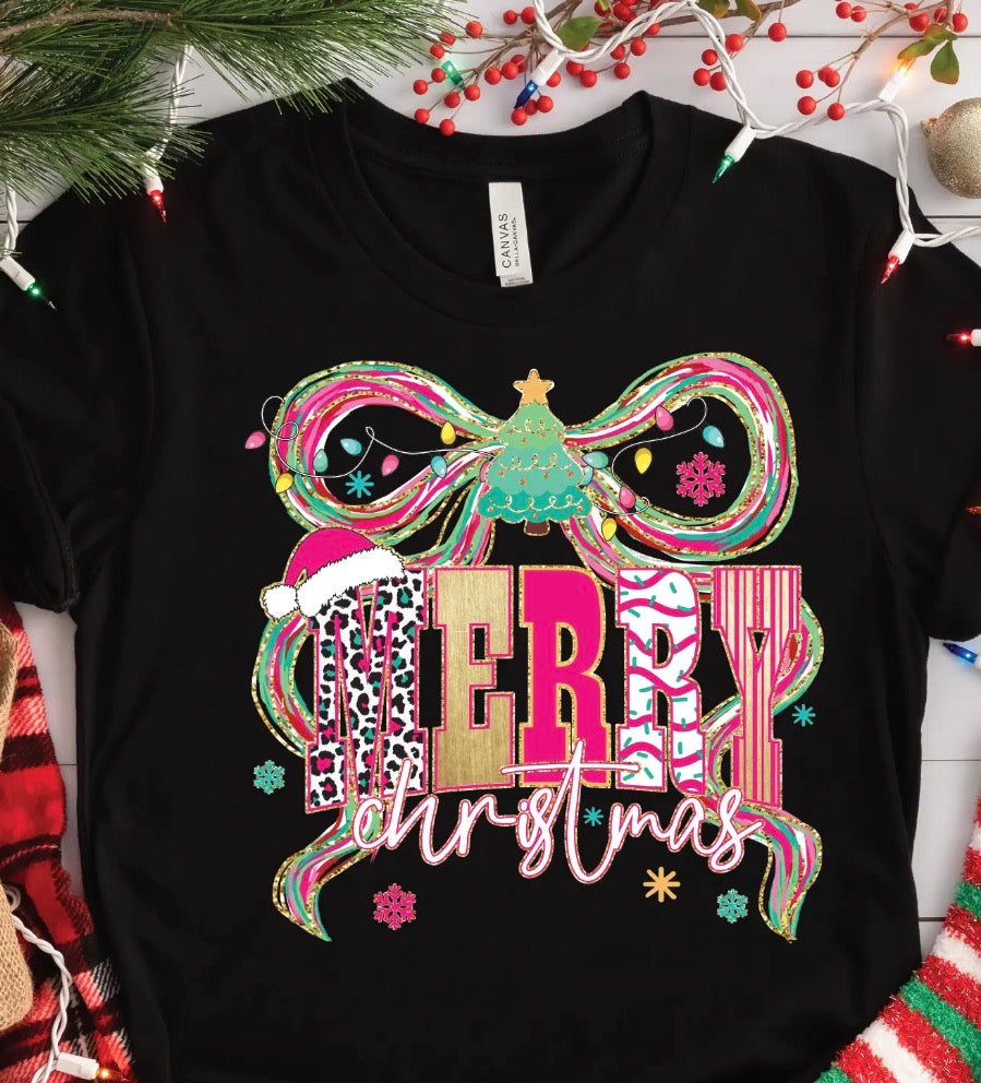 z   Merry Christmas Doodle Bow Crewneck