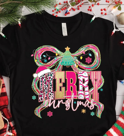 z   Merry Christmas Doodle Bow Crewneck