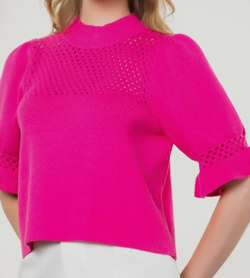 z   Hot Pink Sweater with Puff Sleeves