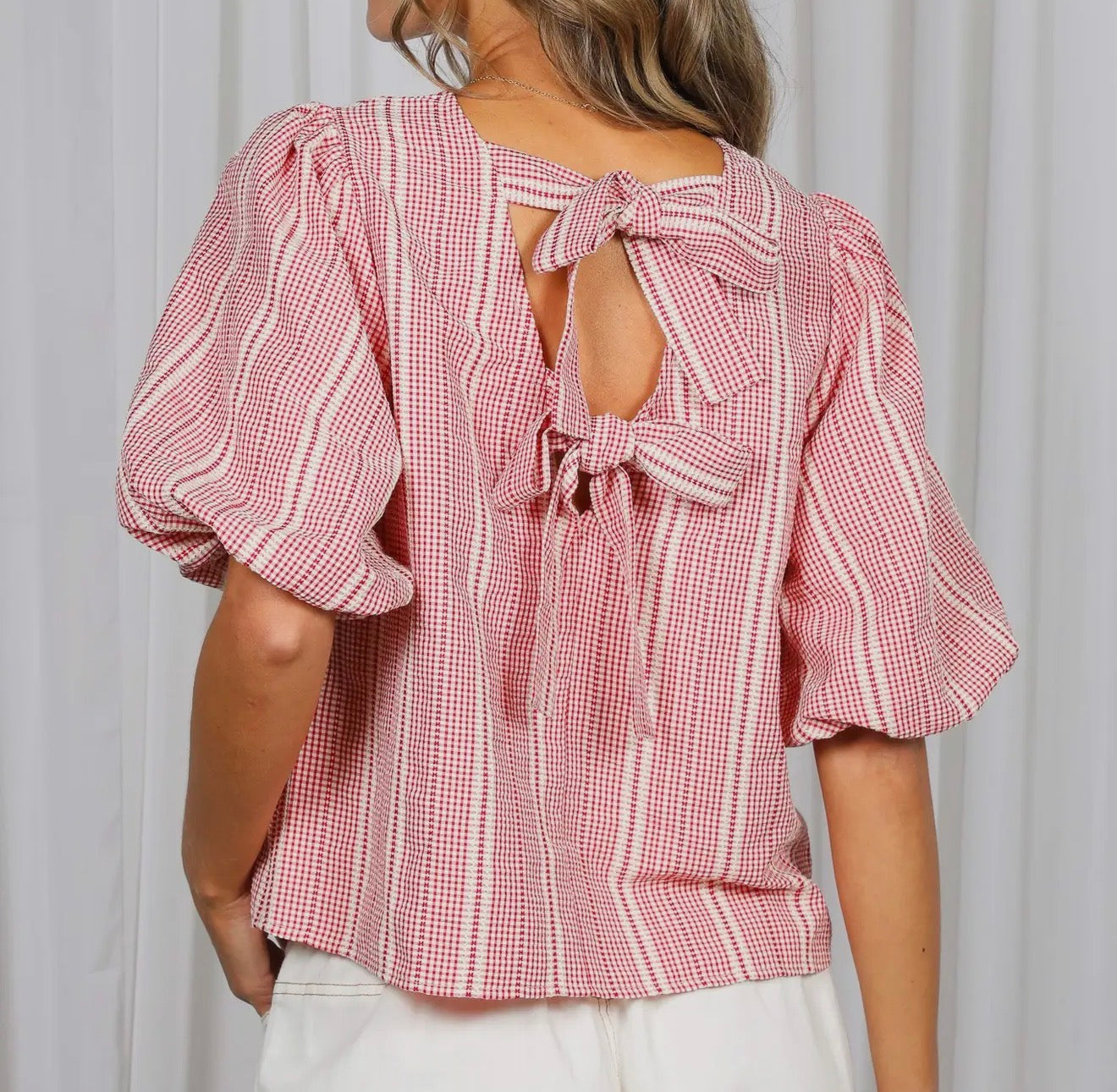 z   Red Plaid Top Bow Accent