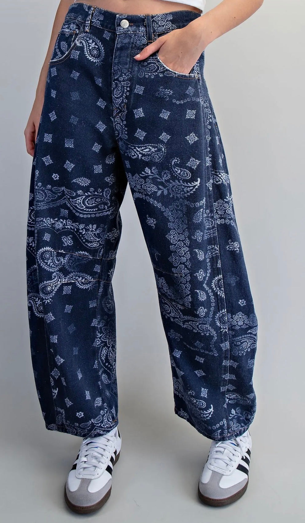 z   Mineral Washed Paisley Barrel Jeans