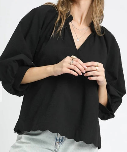 z   Split V Neck Top with Balloon Sleeves