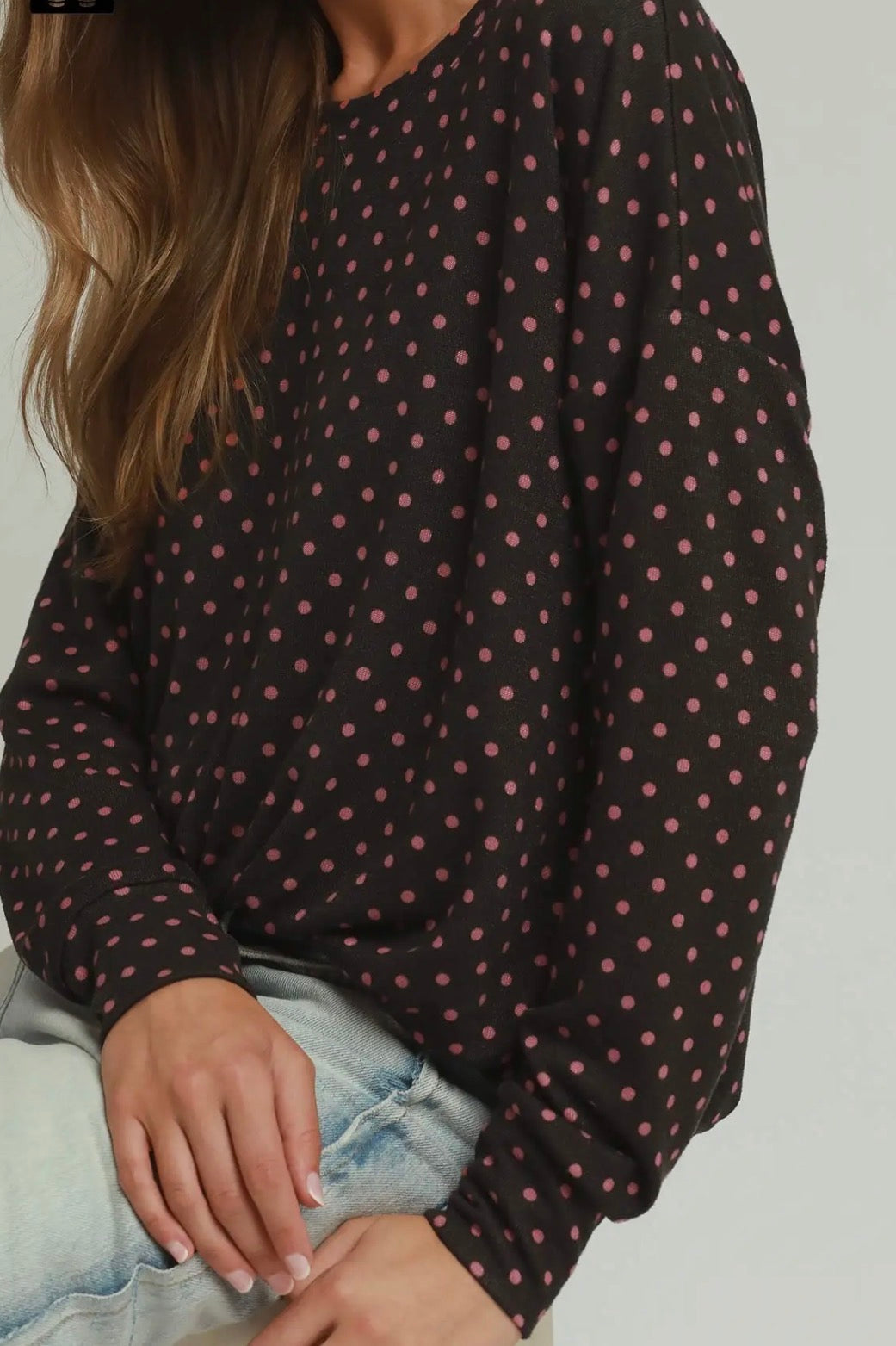 z   Polka Dot Bubble Hem Ash Top