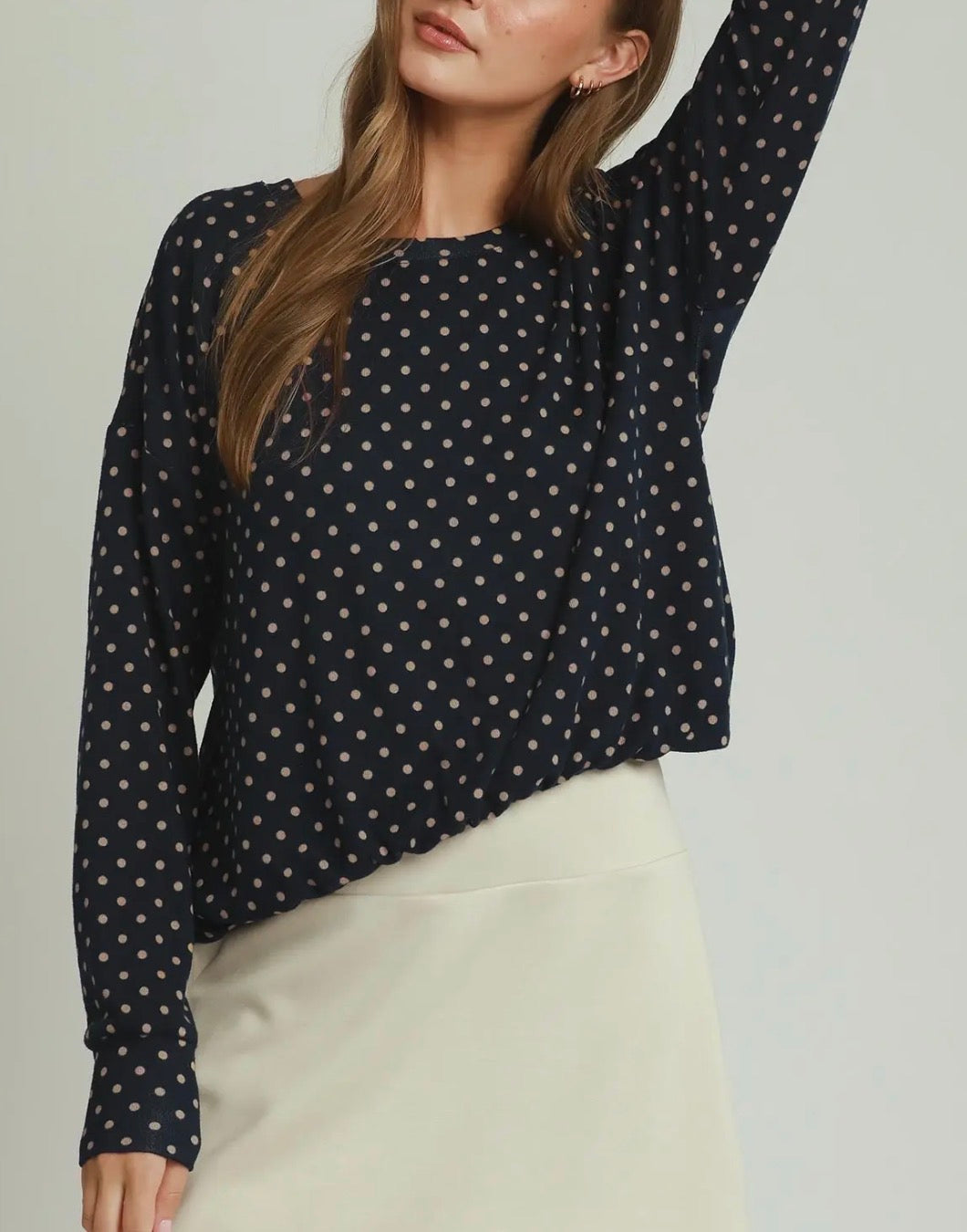 z  Polka Dot Bubble Hem Navy Top