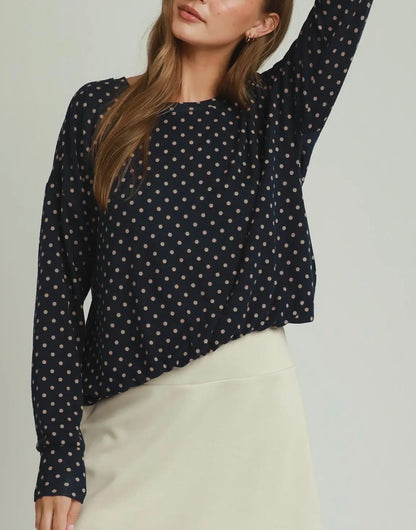 z  Polka Dot Bubble Hem Navy Top