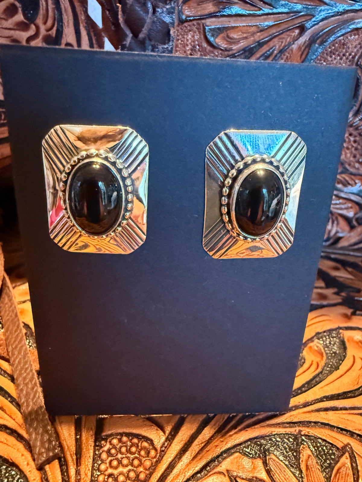 Sterling Silver Rectangle Black Onyx Earrings
