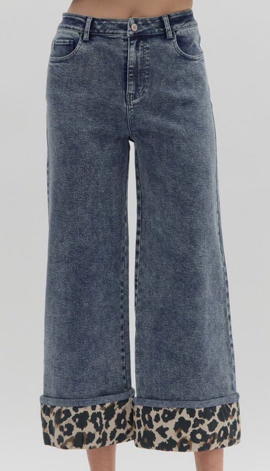 z   Denim High-Waist Culotte Pants with Leopard Cuff