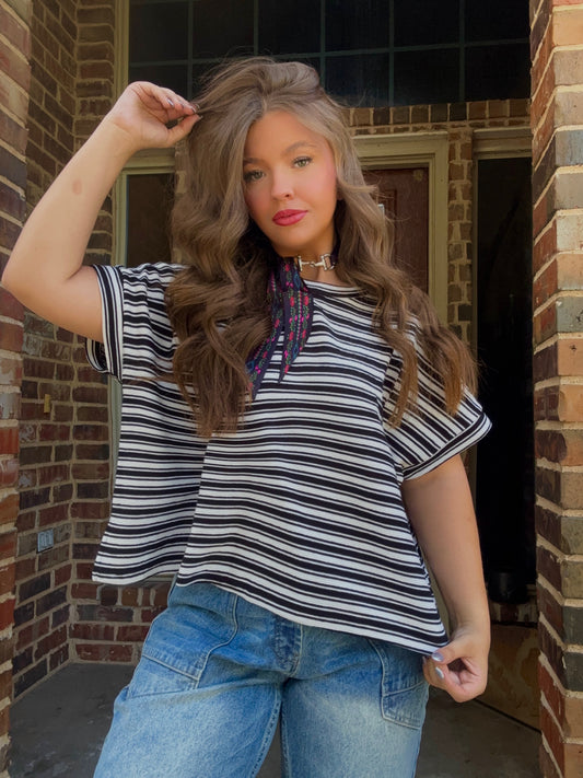 z   Black Striped Short Sleeve Top