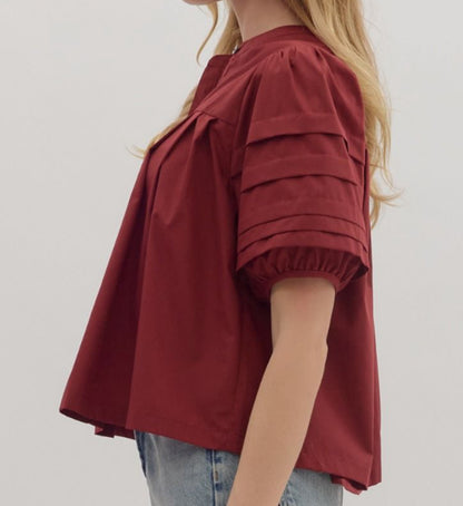 z   Pintuck Pleated Puff Sleeve Top