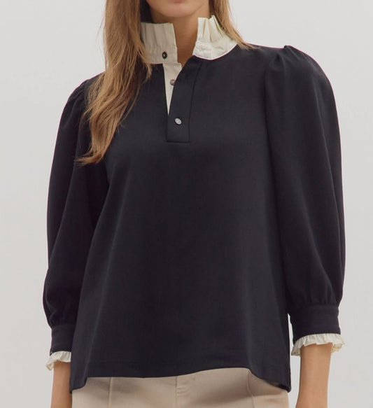 z   Knit Top with 3/4 Puffed Sleeves