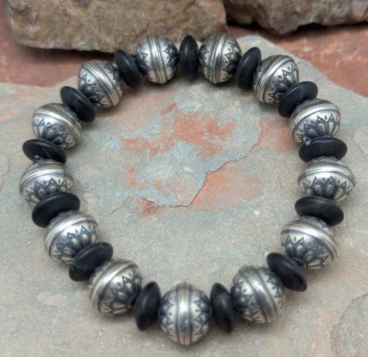 LI   Flower Bead Stretch Bracelet with Matte Black Onyx