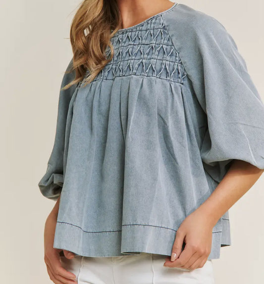 z   Denim Puffed Sleeve Babydoll Top