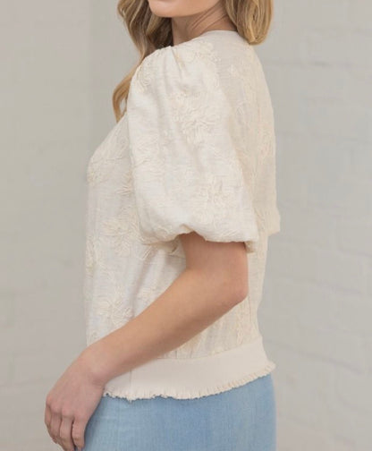 z   Floral Embroidered Bubble Sleeve Top