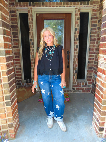 z   Risen Star Printed Denim Barrel Jeans