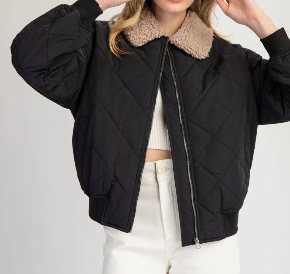 z   Quilted Fur Collar Coat